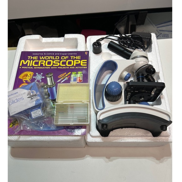 AmScope Microscope Science Kit with Slides & Usborne World of Microscope Book - Picture 1 of 2
